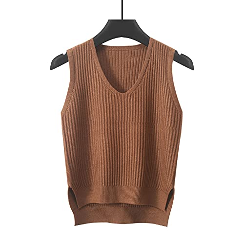 Sweater Pullunder,Damen Strickpullover Weste Mode Casual Einfarbig Gerippte Streifen V-Ausschnitt Herbst Winter Lose Ärmellose Pullover Gilets Pullover Stricken Tank Top Cami Weste Bluse,Kaffee,L von LUOY