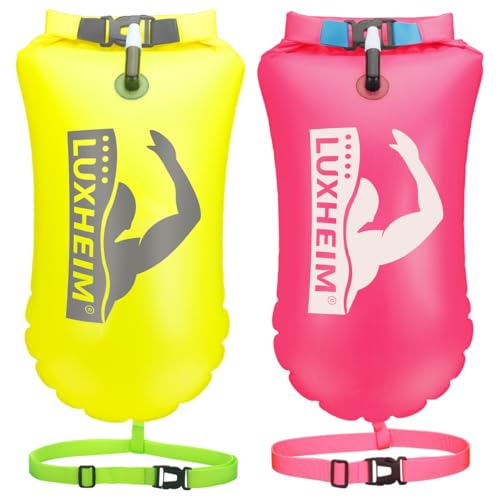 LUXHEIM 2 Pack Schwimmen Boje Schleppschwimmer für Open Water Schwimmen gut sichtbar Schwimmen Schwimmer Dry Bag wasserdicht aufblasbare PVC Schleppschwimmer für Triathlons (Gelb/Rosa) von LUXHEIM