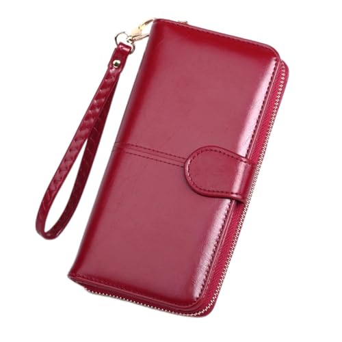 LVUNZJCA Damen Geldbörse Oilskin Wallet Long Dreifache Handytasche Frauen Zipper Coin Bag(Wine red) von LVUNZJCA