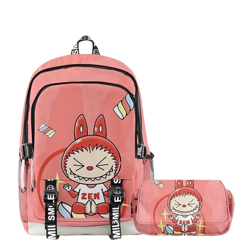 Labubu Leichter Rucksack, Schultasche und doppellagiges Stifttaschen-Set mit 3D-Cartoon-Aufdruck, Farbe2, Casual von LWTJWH