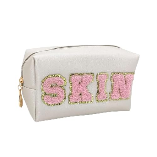 Schminktasche Chenille Letter PU Leather Makeup Bag Waterproof Toiletry Bag Zipper Portable Skin Makeup Pouch Cosmetic Bag for Travel Accessor(SKIN Beige) von LXHZSY