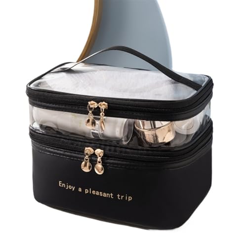 Schminktasche Double Makeup Bag PU Transparent Toiletries Portable Fashion Waterproof Travel Large Capacity Storage Bag(Black) von LXHZSY