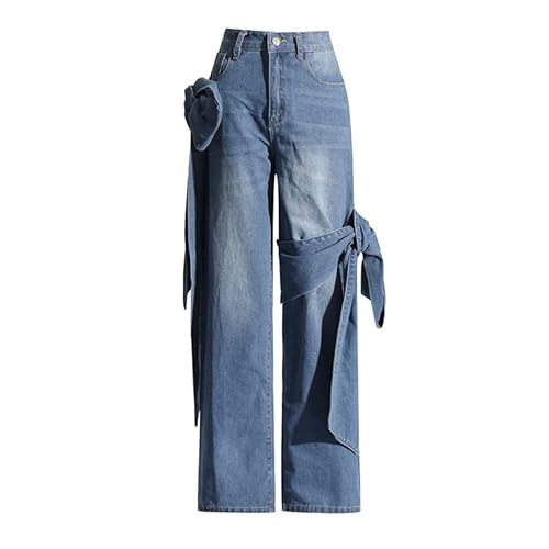 LXJYDN Jeans Frauen Bug Design Wide-Bein Jeans Lässige, Lockere Jeans Gewaschen-Blau-S von LXJYDN