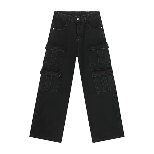 LXJYDN Jeans Männer Vintage Multipocket Wide-Bein-Jeans Lässig Losen Arbeit Jeans-Schwarz Grau-L von LXJYDN