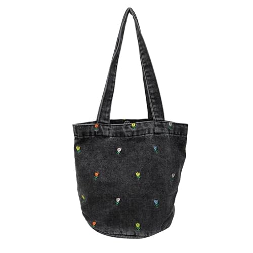 LXJYDN Schultertasche Damen Modische Gestickte Denim Bucket Bag, Lässige Und Vielseitige Unterarmtasche-Schwarz von LXJYDN