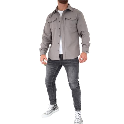 Herren-Hemdjacke mit Knopfleiste, Baumwoll-Arbeitsmantel, Hemdjacke mit Knopfleiste, schmale Passform, langärmlig für Herren (Light Grey,L) von LXURY