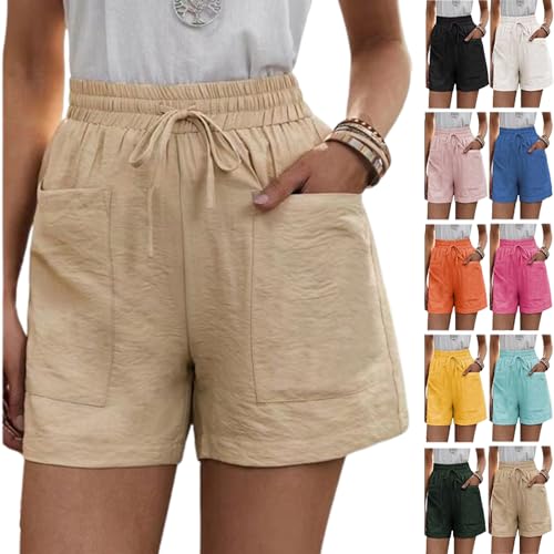 Solide Zwei Taschen, lockere, lässige Kurze Hose, Damen-Shorts aus Baumwollleinen mit Kordelzug, elastischer Taille und Taschen (5X-Large,Apricot) von LXYUTY