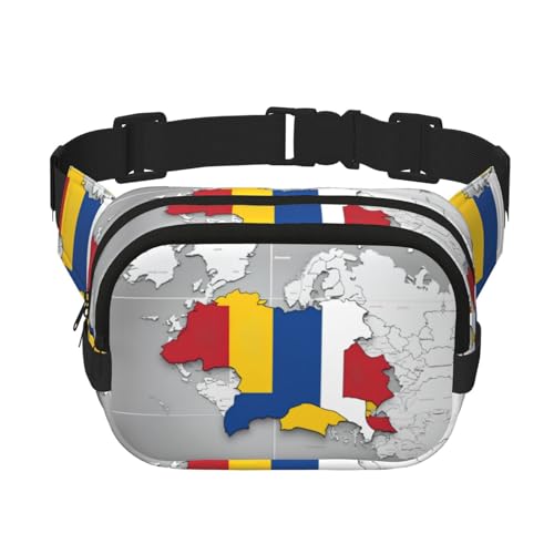 Gürteltasche für Damen, Motiv: Flagge Rumänien, mit Landkartendruck, niedlich, groß, schwarz, Umhängetasche, Nylon, modische Bauchtasche, Schwarz, Einheitsgröße von LXqlSS