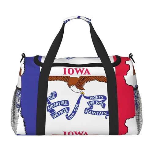 Iowa Reisetasche mit Staatsflaggen-Druck, Reisetasche, Turnbeutel für Damen, Puffer-Tragetasche, Wochenendtasche, Übernachtungstasche, Schwarz, Einheitsgröße von LXqlSS