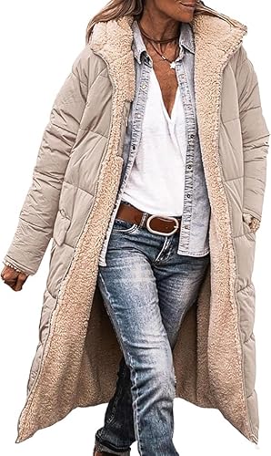 LYFDMHDP Womens Sherpa Fleece Lined Long Jackets Shearling Reversible Overcoats Winter Puffer Coats Hood Zip Outerwears (12,Small) von LYFDMHDP