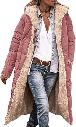 LYFDMHDP Womens Sherpa Fleece Lined Long Jackets Shearling Reversible Overcoats Winter Puffer Coats Hood Zip Outerwears (8,Small) von LYFDMHDP