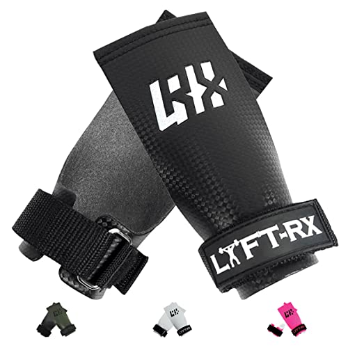 LYFT-RX Carbonfaser Hand Grips - Weightlifting, Cross Train, Pullup, Muscle Ups, Gym, Gewichtheben, Gymnastic Fit, Fingerless Palm Grip, No Hole Lift Gloves, Schwarz Klein von LYFT-RX