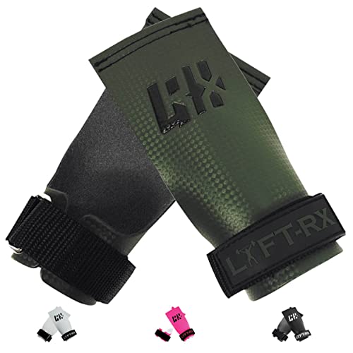 LYFT-RX Carbonfaser Hand Grips - Weightlifting, Cross Train, Pullup, Muscle Ups, Gym, Gewichtheben, Gymnastic Fit, Fingerless Palm Grip, No Hole Lift Gloves, OD Green Klein von LYFT-RX