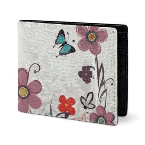 LYHVSFJW Ledergeldbörse für Herren, roter Panda, stilvolle kleine Münzgeldbörse für Damen, schlanke und dünne Bifold Geldbörse mit Fach Kartenhalter, Cartoon-Schmetterling-Blumen, Einheitsgröße von LYHVSFJW