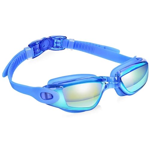 LYHYDMA Schwimmbrillen Professionelle Schwimmbrille, Schwimmbrille mit Ohrstöpsel, Nasenklammer, galvanisiertes wasserdichtes Silikon(C4 dazzling blue) von LYHYDMA