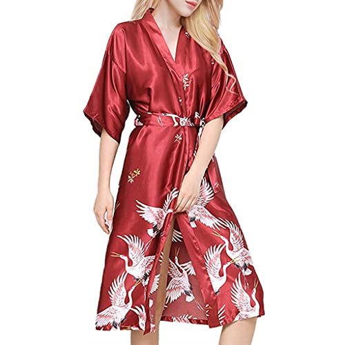 LYLXSF Satin Langer Bademantel für Damen, Hochzeit, Braut, Brautjungfer, Nachthemd, Nachtwäsche, bedruckter Kranich-Kimono von LYLXSF