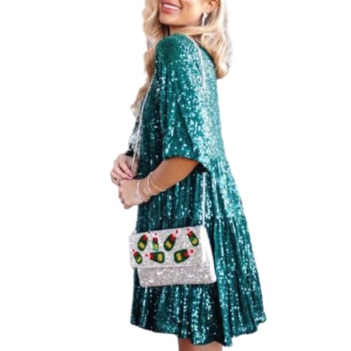 LYLZDC Pailletten-Babypuppenkleid, glitzerndes Damenkleid, Pailletten-Minikleid für Frauen (Large,Dark Green) von LYLZDC