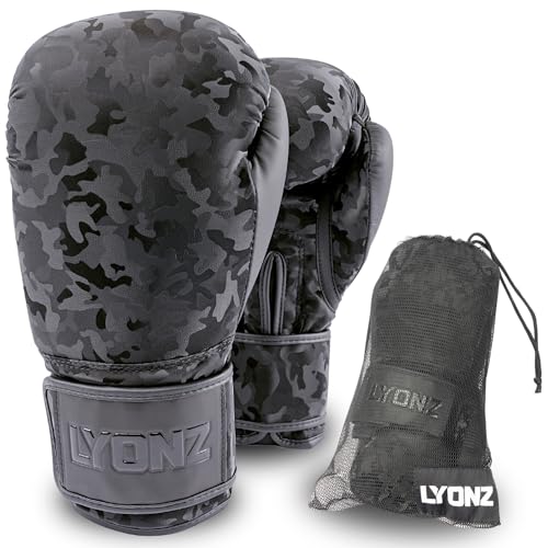 LYONZ Boxhandschuhe mit einzigartigem Sitz und unvergleichbar Langer Haltbarkeit - Camouflage - Männer und Frauen - für Boxen, MMA, Muay Thai, Kickboxen, Sparring - 14 OZ von LYONZ