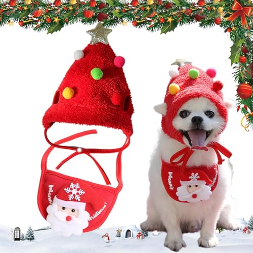 LYSYYOZ Entzückende Weihnachtsbaum-Pom-Pom-Mütze für Hunde, Weihnachtsmütze für Hunde von Celery Pets,Weihnachtsbaummütze für Hunde, Weihnachtsmütze aus grünem Samt mit Kopfschmuck für Hunde,S,Red von LYSYYOZ