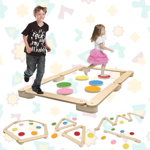 LZQ Holz Balancierbalken mit 6 Balanciersteine für Kinder, Balance Board Schwebebalken Frei Kombinierbar für Drinnen und Draußen, Montessori Spielzeug ab 3 jahre für Koordination und Stabilität von LZQ