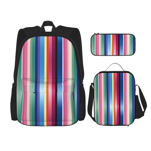 LZQPOEAS 3-teiliges Rucksack-Set mit gestreiften Designs, Laptop-Rucksack, Lunch-Tasche, Federmäppchen für Damen und Herren, Reisetasche, Schwarz, Einheitsgröße, Reiserucksäcke, Schwarz , von LZQPOEAS