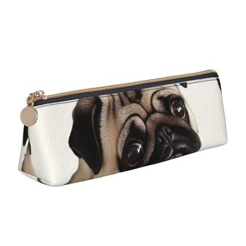 LZQPOEAS Federmäppchen aus PU-Leder für Damen und Herren, Stiftetasche mit Reißverschluss, Mops, Hund, tragbare Make-up-Tasche, kleine Münztasche, Stifthalter für Arbeit und Büro, weiß, Einheitsgröße, von LZQPOEAS