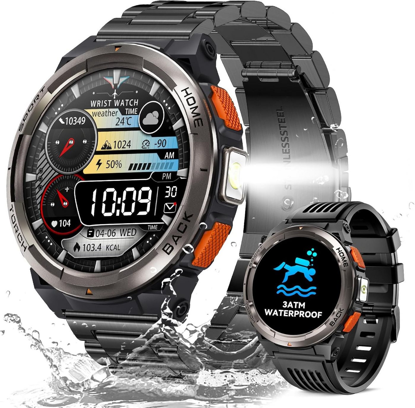 LaNikar Fur Heren mit Telefonfunktion 3ATM Wasserdicht Militär Robuste Outdoor Smartwatch (1.43 Zoll, Android / iOS), mit Kompass,Höhe, Barometer 24H Gesundheits-Screening LED Taschenlampe von LaNikar