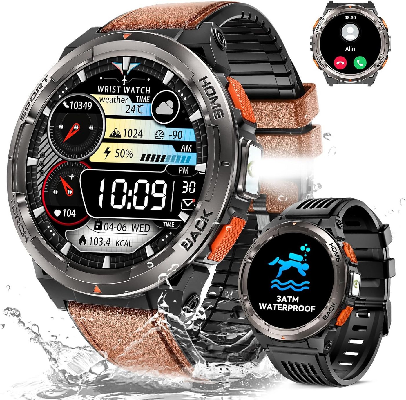 LaNikar Herren's Telefonfunktion 3ATM Wasserdicht Barometer Smartwatch (1,45 Zoll, Android / iOS), mit LED Taschenlampe, Robuste Kompass, 24H Gesundheits-Screening von LaNikar