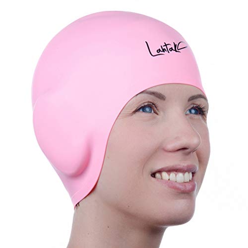 Badekappe Gehörschutz 3D - Badehaube - Badekappe Damen Herren Mädchen Jungen - Bademütze - Schwimmmütze Damen Wasserdicht - Schwimmhaube Kurze und Lange Haare - Schwimmkappe - Swim Cap (Rose Quartz) von Lahtak