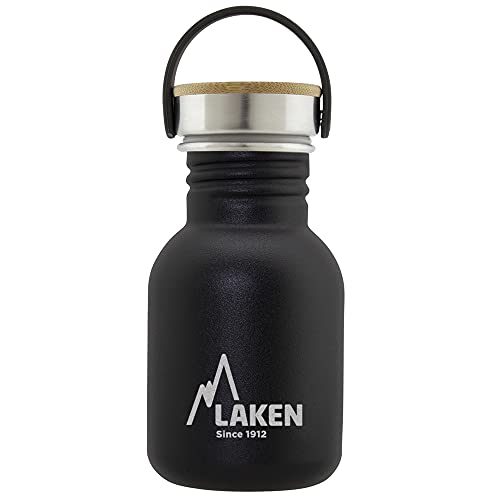 Laken Basic Edelstahlflasche, Trinkflasche Weite Öffnung mit Edelstah Schraubverschluss mit Bambo, BPA frei 0,35L, Schwarz von Laken