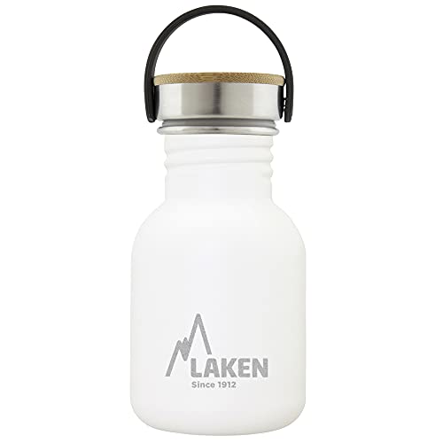 Laken Basic Edelstahlflasche, Trinkflasche Weite Öffnung mit Edelstah Schraubverschluss mit Bambo, BPA frei 0,35L, Weiß von Laken