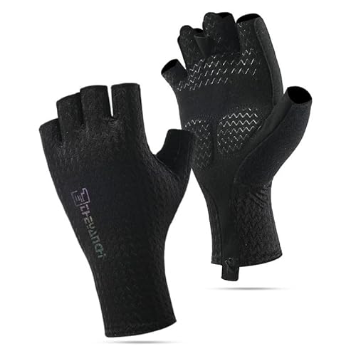 LanGuan Fingerlose Fahrradhandschuhe, Halbfinger-Schnellzug-Tabs, rutschfest, atmungsaktiv, stoßdämpfend für Outdoor-Sportarten (D319 Schwarz, L) von LanGuan