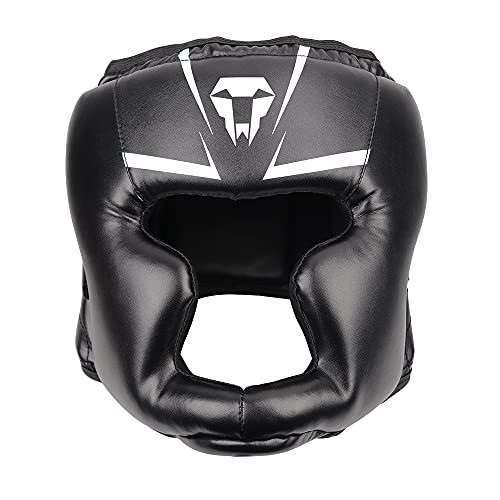 LangRay Boxen Kopfschutz für Erwachsene, Leder Boxhelm Thaiboxen Gesichtsschutz Hoher Schlagdämpfung mit Perfekter Sicht und Gute Schweißaufnahme für Kampfsport MMA Boxen Kickboxen Sparring,Schwarz,L von LangRay