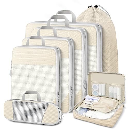 Lannvan Koffer Organizer Set 7 Teilige,Platzsparendes Packing Cubes Compression,Ultraleichte Packwürfel mit Kompression,Wasserfester Travel Organizer Packtaschen für Koffer,Rucksack und Gepäck,Beige von Lannvan