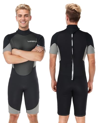 Lansru Shorty Neoprenanzug für Männer - 2 mm verbessertes CR-Neopren | UV-Schutz | Ideal für kaltes Wasser Schwimmen | Rückenreißverschluss für Surfen, Schnorcheln, Tauchen, Schwimmen Lansru Shorty Neoprenanzug für Männer - 2 mm verbessertes CR-Neopren | UV-Schutz | Ideal für kaltes Wasser Schwimmen | Rückenreißverschluss für Surfen, Schnorcheln, Tauchen, Schwimmen von Lansru