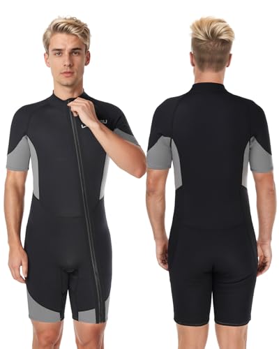 Lansru Herren Shorty Neoprenanzug, 2mm verbesserte Neoprenanzüge für Männer, Front-Vollreißverschluss-Design, UV-Schutz, geeignet zum Surfen, Schnorcheln, Tauchen, Schwimmen von Lansru