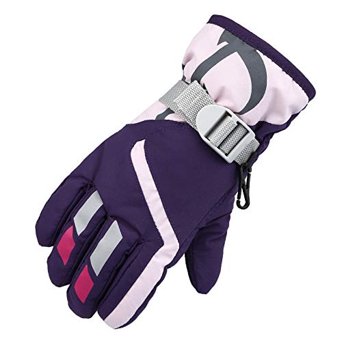 Laquieio Handschuhe Schnee für Winddicht Outdoor-Winter Skifahren Sport Kinderhandschuhe Strapsgürtel Schwarz Rot (Purple, One Size) von Laquieio