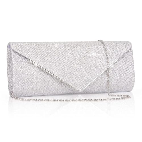 Larcenciel Clutch Damen, Glitzer Abendtasche Umhängetasche mit Abnehmbarer Kette, Modische Handtasche Elegante Envelope Tasche Kettentasche Schultertaschen für Abschlussball, Hochzeit, Party (Silber) von Larcenciel