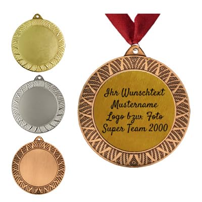 Personalisierte Medaille aus Metall in Gold, Silber & Bronze Farbe, mit Wunschtext, Foto und Logo (mit Halsband, Bronze) von Larius
