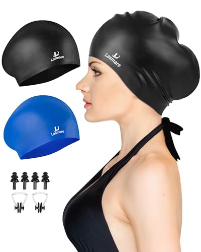 Lasmare Langes Haar Badekappe Damen 2 Pack, Silikon Bademütze für Unisex, Erwachsene, Damen und Herren mit Ohrstöpseln und Nasenklammer Set, wasserdichte Badekappe für Erwachsene (Schwarz + Blau) von Lasmare