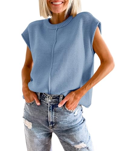 Lay U HOME Frauen-Damen-Sommer-Sleeveless Bluse Rundhals lose Stricken Pullover Casual Pullover Sweater von Lay U HOME
