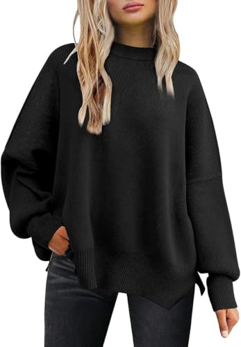 Lay U HOME Frauen s Herbst und Winter Frauen Runde Hals Batwing Langarm-Saison gestricktes Seite Schlitz Pullover Casual Stil Pullover Sweater von Lay U HOME