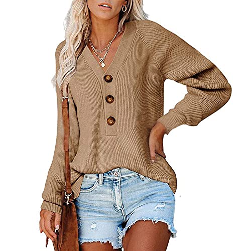 Lay U HOME Frauen s Herbst und Winter Frauen Taste gestrickte Langarm V-Ausschnitt lässiger Pullover Sweater von Lay U HOME