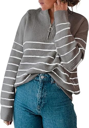 Lay U HOME Frauen s Herbst und Winter Mode Lange-ärmeln gestrickte Zipper Striped Pullover Casual Pullover Sweater Hause von Lay U HOME