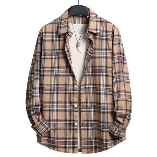 Lay U HOME Plaid Long-Sleeved Männer Shirt Braun gebürstet Casual mit Kapuze Shirt Herren Herbst und Winter Business Casual Arbeit Shirt von Lay U HOME