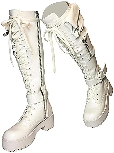 Frauen Schnalle Kampf Plateaustiefel ?Schnüren Blockabsatz Motorrad Kniehohe Stiefel Versteckte Tasche Kniehohe Stiefel für Frauen Militär Kniehohe Stiefel für Frauen (White,42 EU) von Lchongzhuo