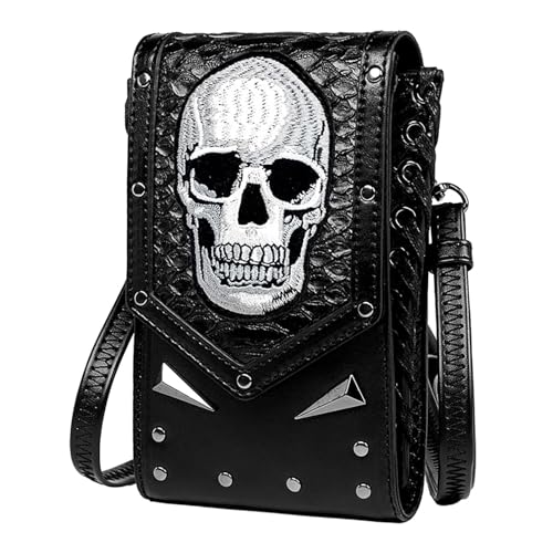 Schwarze Totenkopf-Umhängetasche, platzsparende gespenstische Umhängetasche, elegante und strapazierfähige schwarze Totenkopf-Umhängetasche | Halloween schwarzer Totenkopf Handytasche Bonboniere für V von LearnLyrics