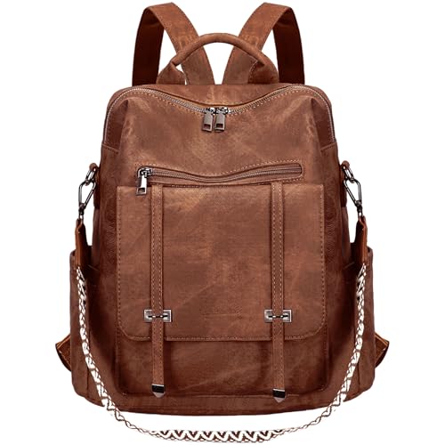 Leathario Rucksakck Damen Wasserdicht,Veganes Leder Cityrucksack,Rucksackhandtasche Mittelgroß, Diebstahlsich Tagesrucksack für Büro,Pendeln,Arbeit,Leicht Elegant Backpack Women Groß für Reise,Braun von Leathario