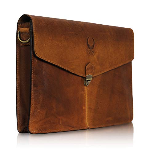 Corno d´Oro Premium Laptoptasche 13-14 Zoll Laptop Leder I Handgefertigte MacBook Tasche Echt Leder I Umhängetasche Damen und Herren Klein Braun für DIN A4 Größe von Corno d´Oro