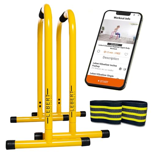 Lebert Fitness Dip Bar Stand – Original Equalizer Total Body Strengthener Pull Up Bar Home Gym Übungsgerät Dipping Station – Hip Resistance Band, Trainingsanleitung und Online Gruppe – gelb von Lebert